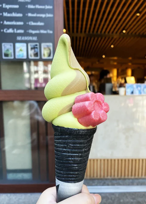 清水寺参道のソフトクリーム。ほうじ茶と抹茶のミックスソフト。