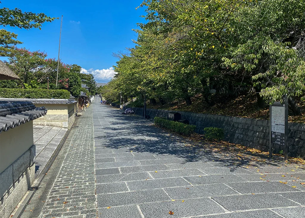 寧々の道をサイクリングする視点から撮影した写真。石畳と自然豊かな緑が美しい道。