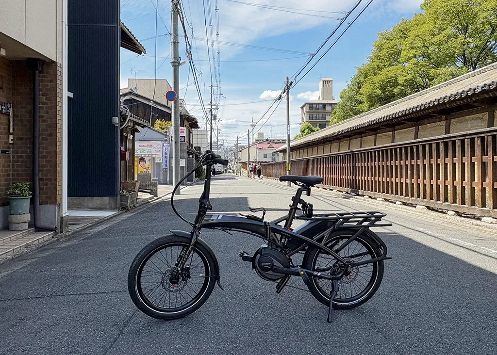 寧々の道をサイクリングする視点から撮影した写真。石畳と自然豊かな緑が美しい道。