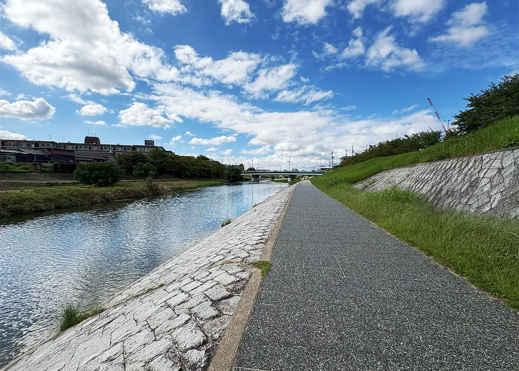 鴨川を自転車で走る様子。